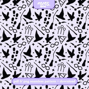 May include: A repeating pattern with black wizarding symbols, including hats, glasses, and footprints, on a pale purple backdrop. The text "pdf & png seamless pattern + download" is at the bottom of the image.