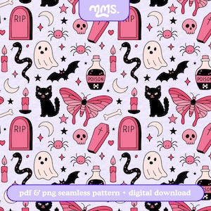 May include: A seamless pattern featuring Halloween-themed illustrations. The design includes pink coffins, tombstones, butterflies, black cats, spiders, ghosts, poison bottles, snakes, and bats on a light purple background. The text "pdf & png seamless pattern • digital download" is also present.