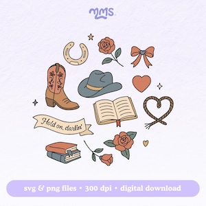 Cowboy Romanze SVG PNG, Western, Cowboy Boots Hut Rosen Clipart Bundle, Bücherwurm Land Clipart Schnitt Datei, digitaler Download, Party Pack