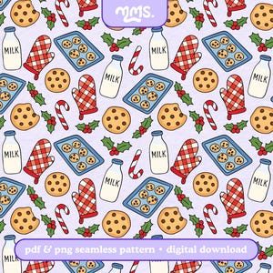 Könnte beinhalten: Ein sich wiederholendes Muster aus Weihnachtsplätzchen, Milchflaschen, Zuckerstangen und Ofenhandschuhen auf hellviolettem Hintergrund. Der Text "pdf & png seamless pattern • digital download" ist enthalten.