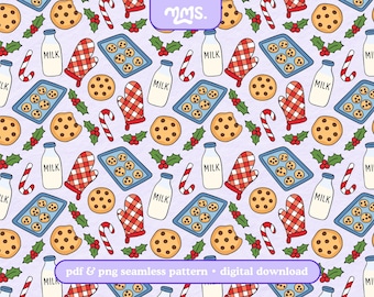May include: A repeating pattern of Christmas cookies, milk bottles, candy canes, and oven mitts on a light purple background. The image includes text that reads "pdf & png seamless pattern • digital download."