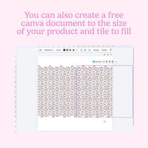 May include: A computer screen displays a repeating pattern of circular designs in shades of brown, beige, and purple. The text "You can also create a free canva document to the size of your product and tile to fill" is at the top.