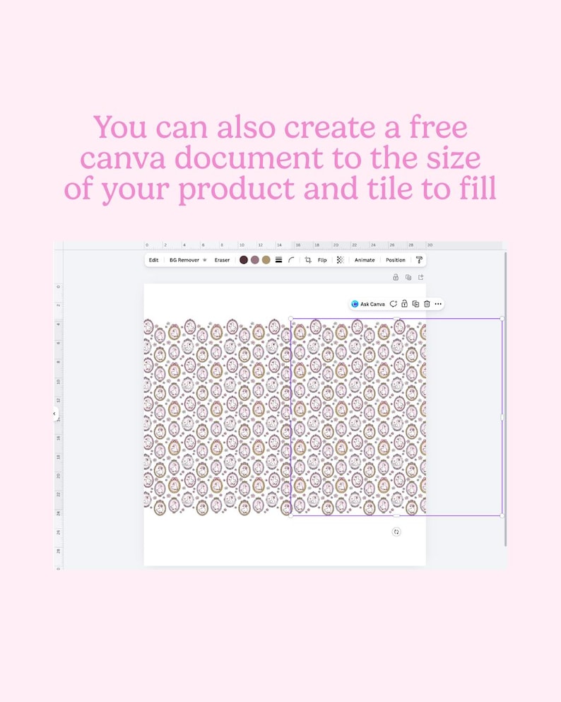 May include: A computer screen displays a repeating pattern of circular designs in shades of brown, beige, and purple. The text "You can also create a free canva document to the size of your product and tile to fill" is at the top.
