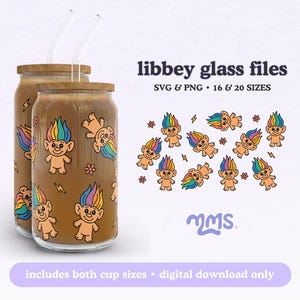 Arc-en-ciel Troll poupée Libbey verre Wrap SVG PNG Bundle, 16 oz et 20 oz canette de verre wrap sublimation, fierté coupe gobelet fichier en téléchargement numérique