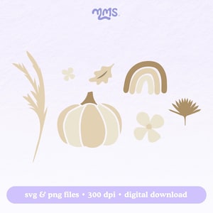 Peut inclure: Un ensemble de clipart numérique sur le thème de l'automne comprenant une citrouille, un arc-en-ciel, une feuille, une fleur et un brin de blé. Les couleurs sont beige, marron et crème.
