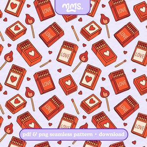 May include: A repeating pattern of red matchboxes with the word "LOVE" and a heart design, along with lit matches and individual matches. Small red hearts are scattered across a light purple background. The text "pdf & png seamless pattern + download" is at the bottom.