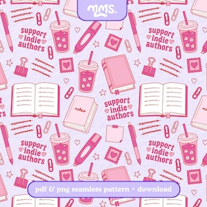 May include: A seamless pattern on a light purple background featuring pink illustrations of books, pens, highlighters, iced drinks, paper clips, sticky notes, and heart-shaped stamps. The text reads support indie authors and notes.