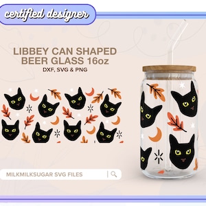 BLACK CAT SVG For Libbey 16oz Can Glass, Cat Halloween Svg, Cute Fall Pattern, Cricut Cut File Including Dxf, Png, Svg | Black Magic
