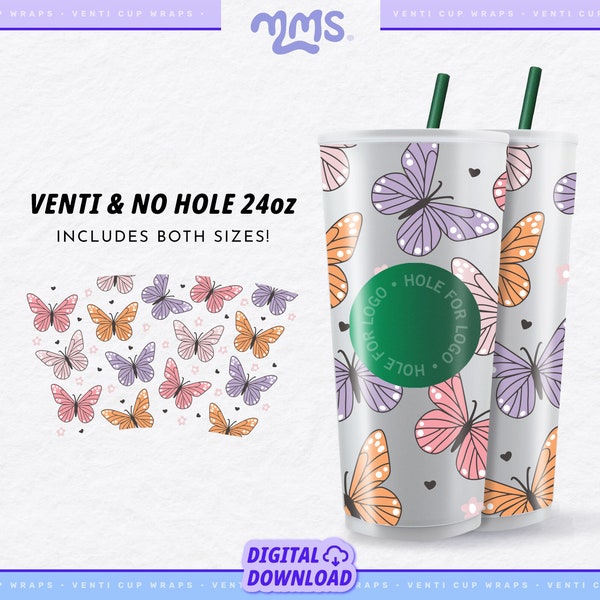 Spring Butterfly Sbux Venti 24oz Cold Cup Wrap, Hole & No Hole, Butterflies Svg, Flowers Svg Cut Files For Cricut and Silhouette | Inflight