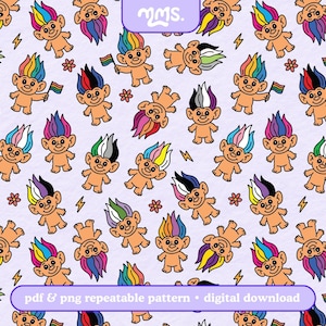 Papier numérique transparent pour poupée Troll arc-en-ciel, motif Troll de fierté PNG PDF, arrière-plan transparent pour scrapbooking, conception de tissu par sublimation