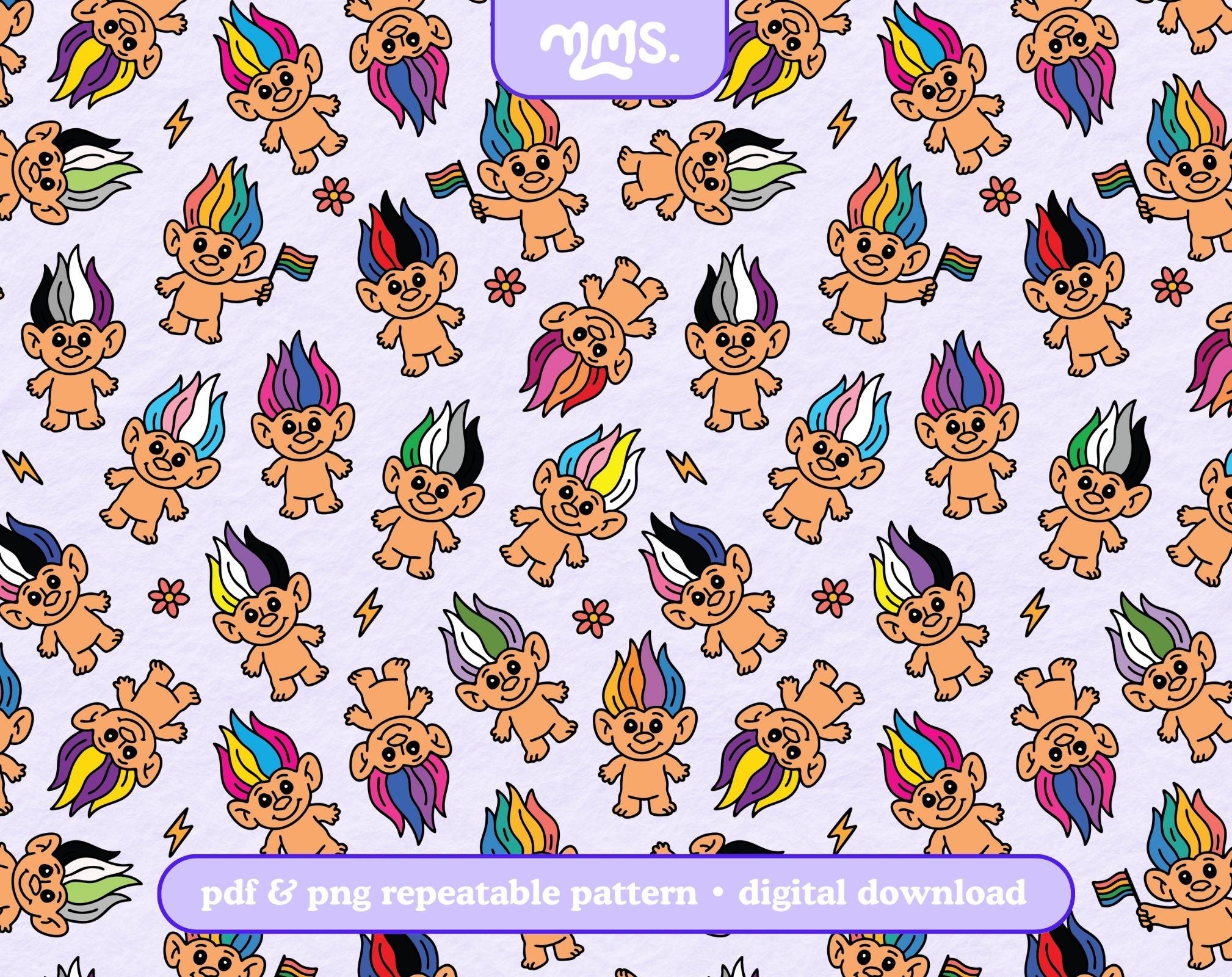 Rainbow Troll Doll Seamless Digital Paper, Pride Troll Pattern PNG PDF ...