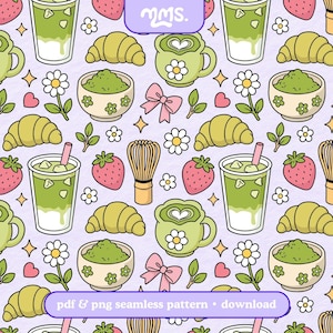 May include: A seamless pattern on a light purple background featuring illustrations of green matcha lattes in mugs and glasses, croissants, bowls of matcha powder, bamboo whisks, pink bows, strawberries, small white flowers, and hearts.