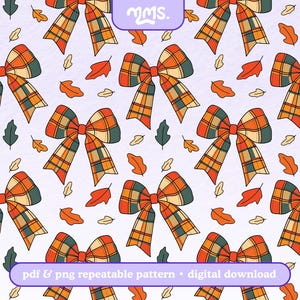 May include: A seamless pattern featuring a repeating design of plaid bows and small leaves in shades of orange, brown, and green on a light purple background. The text "pdf & png repeatable pattern - digital download" is at the bottom of the image.