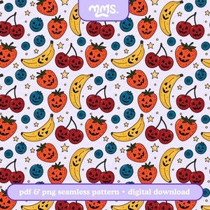 May include: Seamless pattern featuring Halloween-themed fruits on a light purple background. The design includes smiling jack-o'-lantern strawberries, bananas, cherries, and blueberries, along with small stars. The text "pdf & png seamless pattern • digital download" is also present.