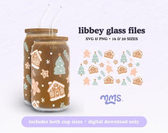 May include: Two brown glass jars with lids and straws, decorated with a gingerbread house, a gingerbread man, a Christmas tree, and snowflakes. The jars are labeled "libbey glass files SVG & PNG 16 & 20 SIZES".