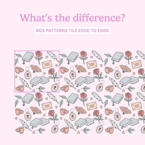 May include: A repeating pattern of illustrated objects including books, roses, teacups, fans, envelopes, and feathers on a pink background. The text "What's the difference?" and "BOX PATTERNS TILE EDGE TO EDGE" are displayed at the top.