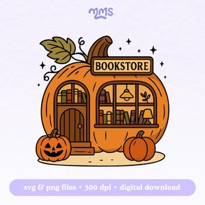 Peut inclure: Illustration d'une librairie en forme de citrouille. La citrouille orange a une porte et des fenêtres affichant des étagères, une lampe et une petite citrouille sculptée. Le panneau au-dessus indique "BOOKSTORE".