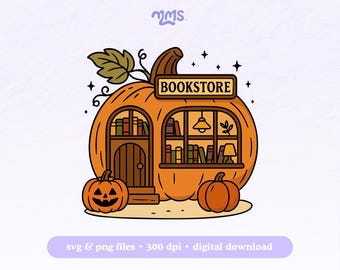 Pumpkin Bookstore SVG PNG, Halloween Book Shop Jack-o-Lantern House, Spooky Bookish Reading Shirt, Librarian Teacher, Cricut Sublimation