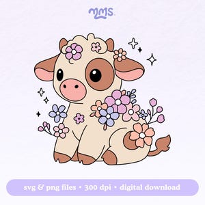 Bloem koe Svg Png voor Cricut, koe Clipart Svg, Highland Cow Svg, schattige koe Svg voor stickers, bladwijzers, shirts, Libbey-bekers en sleutelhangers