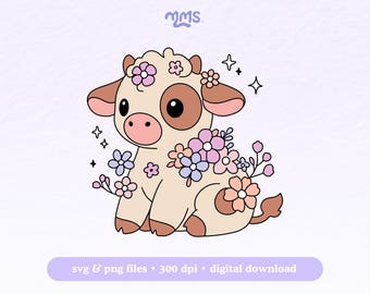 Flower Cow Svg Png For Cricut, Cow Clipart Svg, Highland Cow Svg, Cute Cow Svg For Stickers, Bookmarks, Shirts, Libbey Cups & Keychains