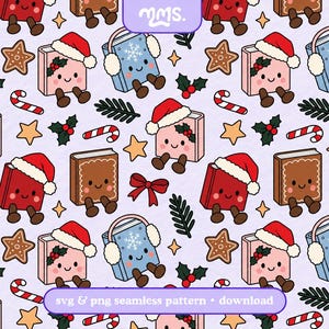 May include: A seamless pattern featuring cartoon books with faces, some wearing Santa hats and others with earmuffs, interspersed with gingerbread stars, holly sprigs, candy canes, and red bows on a light purple background. Text reads mms. and svg & png seamless pattern • download.