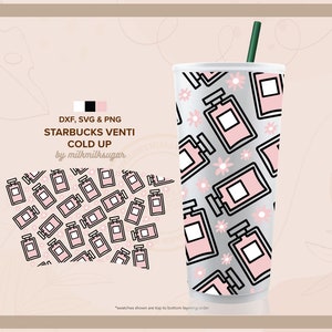 May include: A white Starbucks Venti cold cup with a pink and black pattern of perfume bottles and flowers. The text "DXF, SVG & PNG STARBUCKS VENTI COLD UP by milkmilksugar" is printed on the cup.