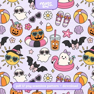 May include: A seamless pattern on a light purple background featuring repeating illustrations of ghosts wearing heart-shaped sunglasses, jack-o'-lanterns in pool floats, bats with bows, beach balls, flip-flops, candy corn, and suns in witch hats.