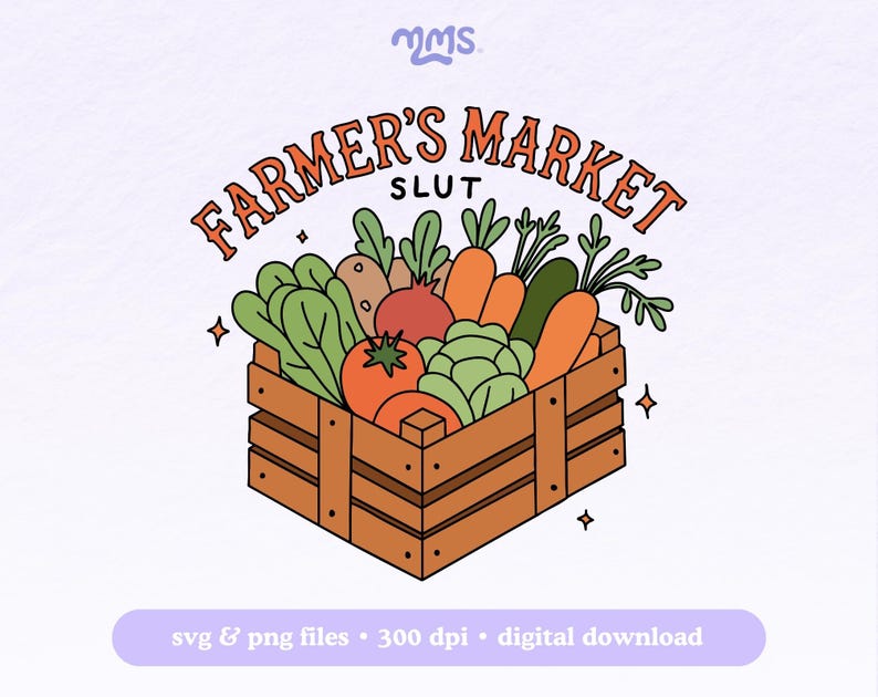May include: A wooden crate filled with various vegetables, including carrots, tomatoes, and leafy greens. The crate has the text "FARMER'S MARKET SLUT" printed on it.