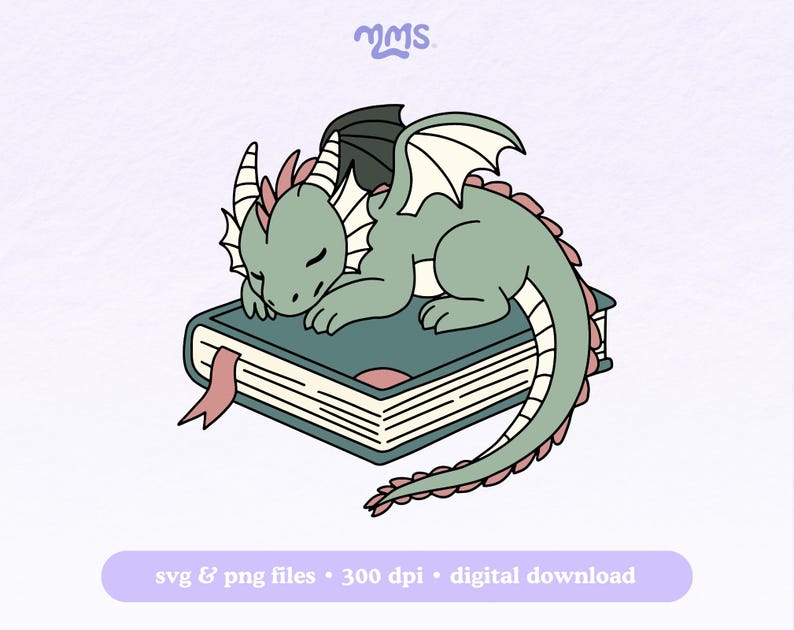 May include: A green dragon with pink wings is curled up asleep on top of a closed book with a pink ribbon. The book has a dark blue cover and white pages.