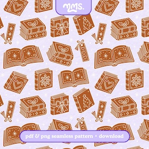 May include: A seamless pattern featuring brown gingerbread-style illustrations of books, bookmarks, and gift-wrapped packages on a light purple background with white stars. The text mms. and pdf & png seamless pattern • download is visible.