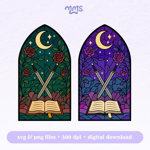 May include: Two stained-glass style illustrations, one green and one purple, each depicting a crescent moon, roses, crossed swords, and an open book. The text "svg & png files &bull; 300 dpi &bull; digital download" is at the bottom.