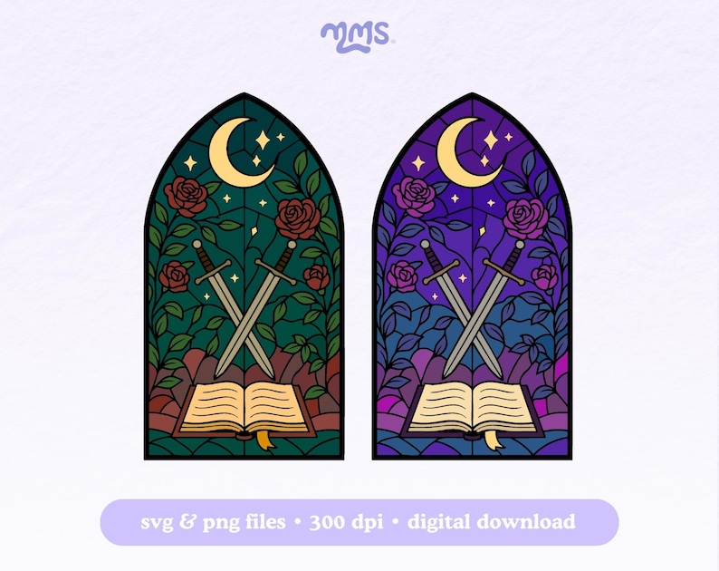 May include: Two stained-glass style illustrations, one green and one purple, each depicting a crescent moon, roses, crossed swords, and an open book. The text "svg & png files &bull; 300 dpi &bull; digital download" is at the bottom.