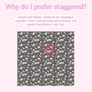 May include: A pink background with the text "Why do I prefer staggered?" and a patterned design. The design features repeating illustrations of envelopes, roses, feathers, and teacups in muted colors on a dark gray background.