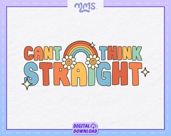 Puede incluir: Un gráfico de colores arcoíris con el texto "CANT THINK STRAIGHT" en una fuente retro. El arcoíris tiene dos caras amarillas sonrientes con ojos negros y un contorno negro.