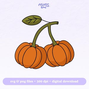 May include: A digital illustration of two orange pumpkins connected by a green stem and a single green leaf. The pumpkins have black outlines and are set against a light purple background. The image includes the text "svg & png files &bull; 300 dpi &bull; digital download".