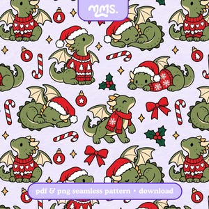 May include: A seamless pattern featuring green dragons in red sweaters and Santa hats, interspersed with red bows, candy canes, holly, and Christmas ornaments on a light purple background. The text reads pdf & png seamless pattern • download.