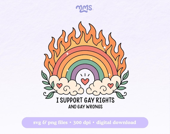 I Support Gay Rights and Gay Wrongs Svg Png, Funny Pride Rainbow Flame Digital Download, LGBTQ Quote Cut File for Cricut Silhouette HTV