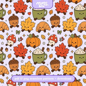 May include: A seamless pattern on a light purple background featuring repeating illustrations of smiling autumn-themed items including green mugs with whipped cream, orange pumpkins, red and yellow maple leaves, brown acorns, croissants, and red mushrooms.