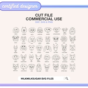 DOG FACES Svg Cut File Bundle For Cricut & Silhouette, Png Svg Dxf, Dog Head Svg, Dog Drawing Svg, Line Drawing Svg, Dog Breeds Svg