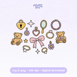 Op de afbeelding: Een verzameling schattige, cartoonachtige illustraties van sieraden en accessoires, waaronder een hartvormig slot, een ster, een spiegel, een armband, ringen, teddyberen, bloemen en een strik. Het kleurenpalet is zacht, met pastelroze, gele en paarse accenten. De tekst "svg & png • 300 dpi • digital download" staat onderaan.