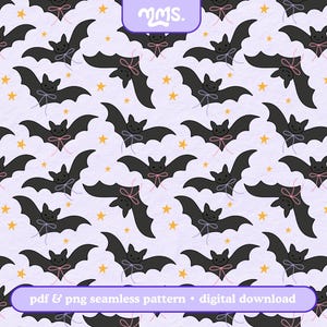 May include: A seamless pattern featuring black bats with pink and blue bows, and yellow stars on a light purple background. The bats have smiling faces. The text "PDF & png seamless pattern • digital download" is at the bottom.