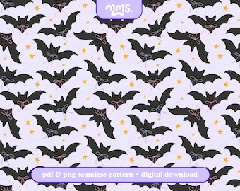 Patrón sin costuras de murciélagos coquetos en formato PNG y PDF, descarga de papel digital de murciélagos espeluznantes y adorables para Halloween, mosaico repetitivo para álbumes de recortes, telas y sublimación.