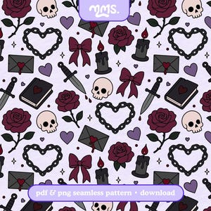 Op de afbeelding: Naadloos patroon met gotische elementen op een lichtpaarse achtergrond. Het ontwerp bevat schedels, rozen, harten, dolken, strikken, kaarsen en enveloppen. De tekst "pdf & png seamless pattern • download" staat onderaan.