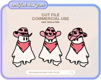 May include: Three white ghost illustrations with pink cowboy hats and bandanas. The hats have black spots. The ghosts are wearing a pink bandana. The text "CUT FILE COMMERCIAL USE DXF, SVG & PNG" is at the top of the image. The text "MILKMILKSUGAR SVG FILES" is at the bottom of the image.