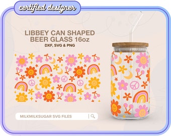 FLOWER SMILE SVG voor Libbey 16oz blikje glas, hippie Svg, Happy Face-patroon, Cricut Cut-bestanden, waaronder dxf, png en svg | Hippieverliefdheid