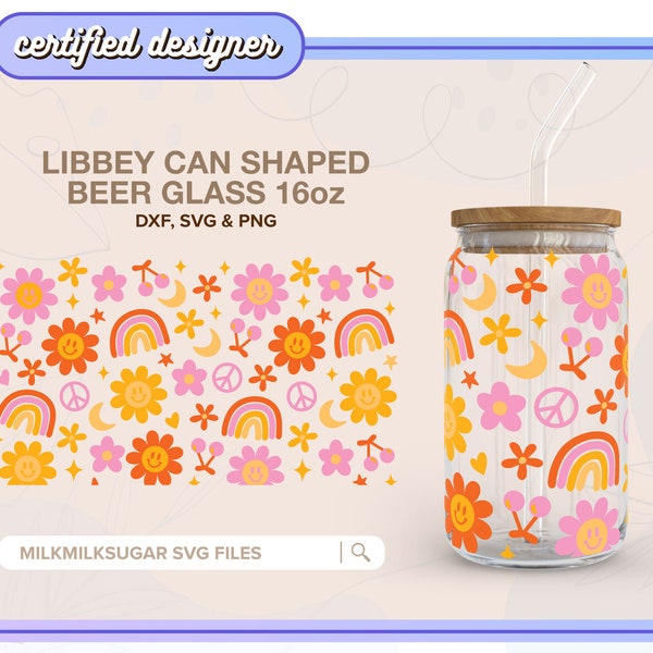 FLOWER SMILE SVG For Libbey 16oz Can Glass, Hippie Svg, Happy Face Pattern, Cricut Cut Files Including Dxf, Png & Svg | Hippie Crush