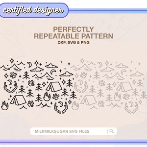 May include: Black and white line art pattern featuring camping and nature elements, including mountains, trees, stars, clouds, tents, fire, paw prints, and antlers. The text "PERFECTLY REPEATABLE PATTERN" and "DXF, SVG & PNG" is at the top of the image. The text "MILKMILKSUGAR SVG FILES" is at the bottom of the image.