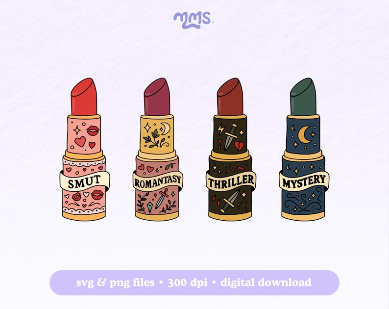 May include: Four cartoon lipsticks with different colors and designs. Each lipstick has a different word on a banner: SMUT, ROMANTASY, THRILLER, and MYSTERY. The lipsticks are on a light purple background.