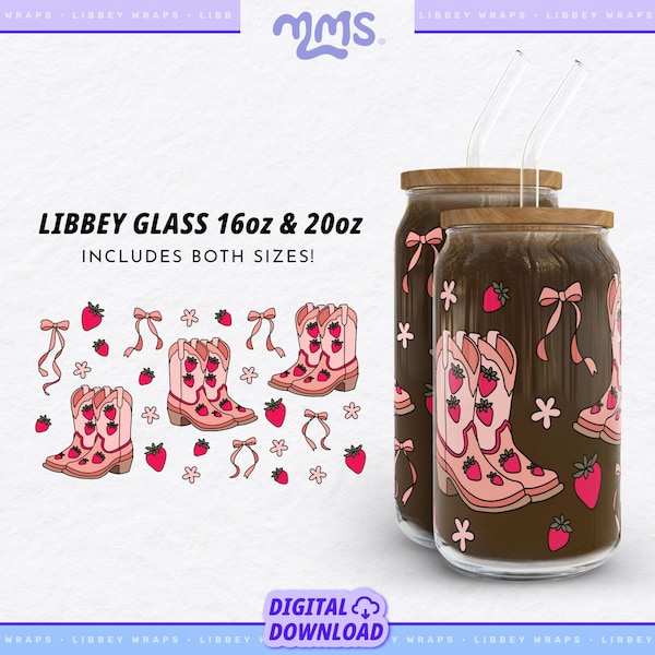 Pink Bows Svg Wrap For Libbey 16oz & 20oz Can Glass, Coquette Libbey Svg, Soft Girly Era Cut File Dxf Png Svg | Strawberry Shortcake Boots