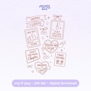 Op de afbeelding: Een verzameling bruine lijntekeningen op een lichtpaarse achtergrond. De ontwerpen omvatten banners met teksten als "Enemies to Lovers" en "Friends to Lovers", evenals ingelijste afbeeldingen van een bed, een kaars, kersen en bloemen. De tekst "svg & png • 300 dpi • digital download" staat onderaan.